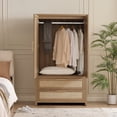 thumbnail image 5 of SICOTAS 40"W Oversized Boho Armoire Wardrobe Closet with 2 Large Drawers, 71" Tall Rattan Clothing Storage Cabinet with Shelves & Hanging Rod, Farmhouse Freestanding Wardrobe Cabinet for Bedroom, Oak, 5 of 11