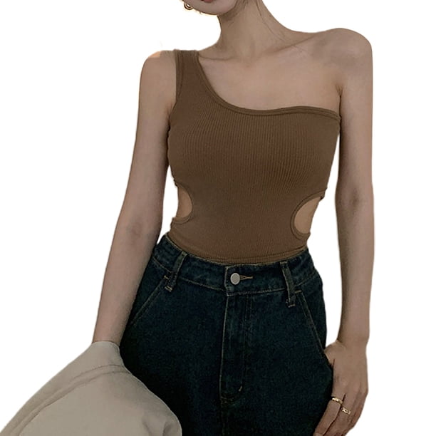 Camiseta sin mangas con tirantes y top corto sin mangas con un hombro fruncido sexy