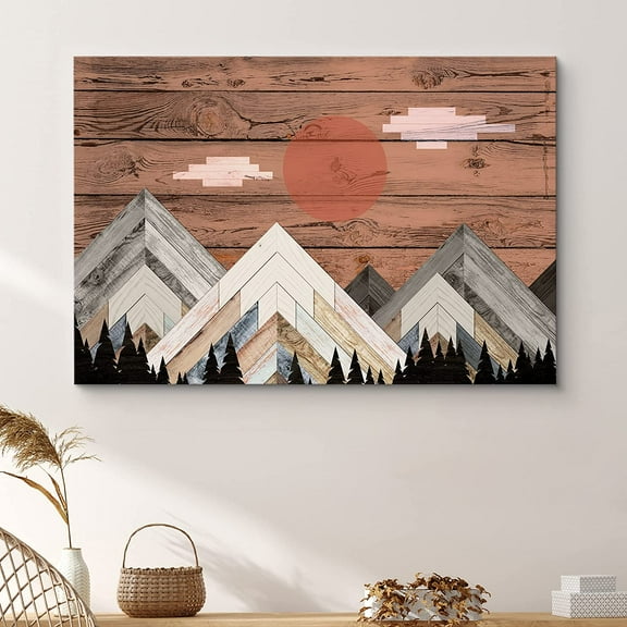 PixonSign Canvas Print Wall Art Woodblick Day Mountain Range Nature Wilderness Wood Panels Modern Art Contemporary Scenic Relax/Calm Multicolor Warm for Living Room, Bedroom, Office - 16x24
