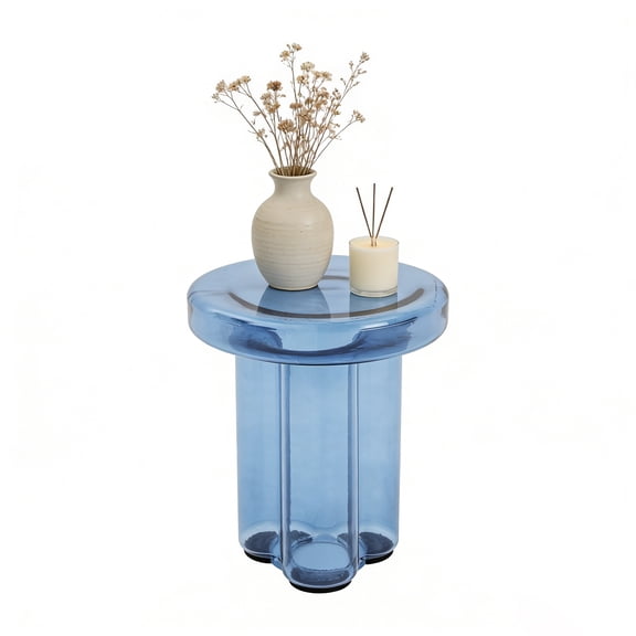 Round Glass Side Table Coffee Table Modern Small End Table Sofa Side Table Blue 15*17.7in