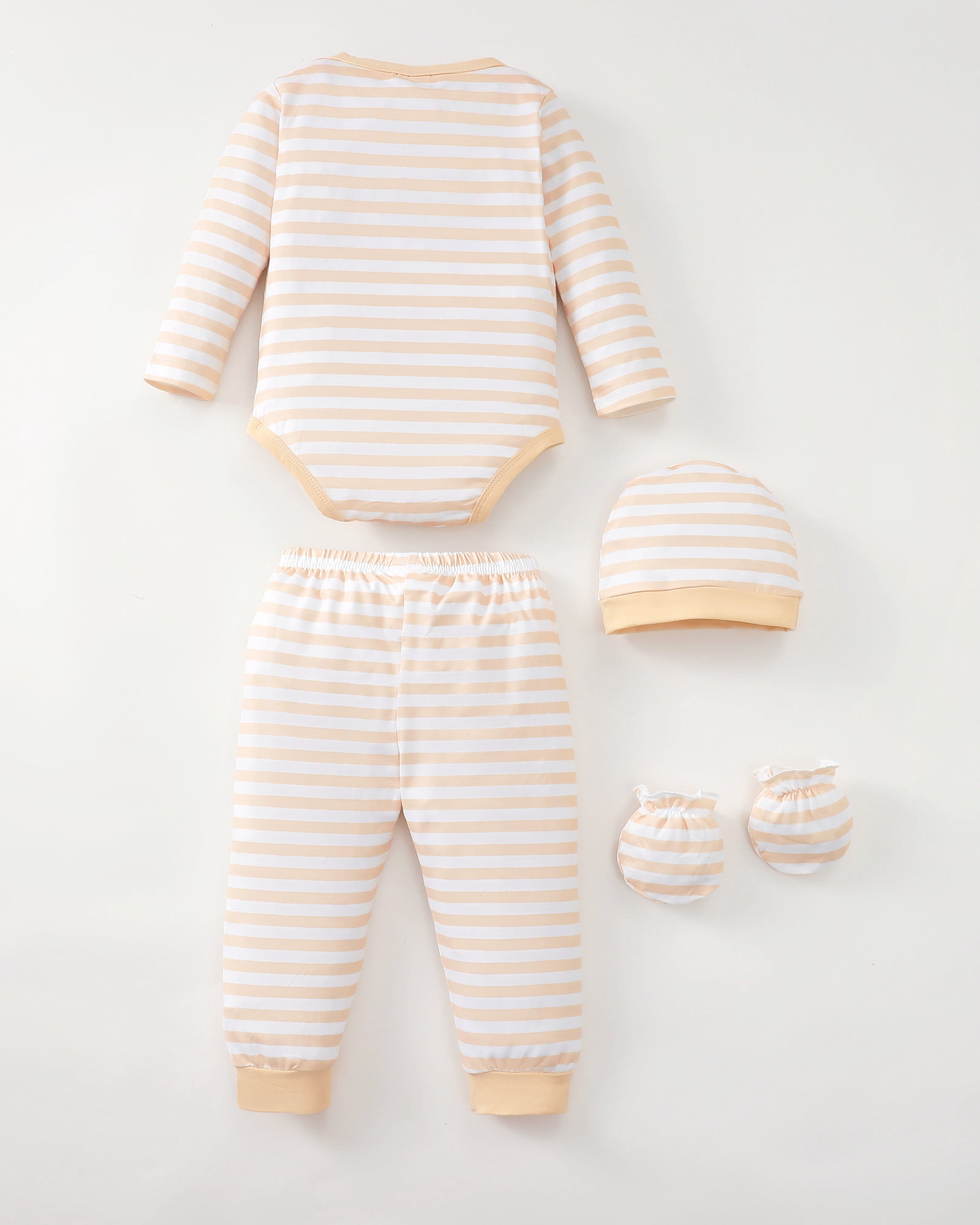 KIMI BEAR Newborn Baby Boys Layette Set 4 Packs Outfits Winter Clothes Sets Long Sleeves Romper Pants Dinosaur Print Stripped Top with Hat and Gloves 16pcs Gifts Brown 6-9 Months