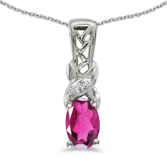 10k White Gold Oval Pink Topaz And Diamond Pendant with 16" Chain