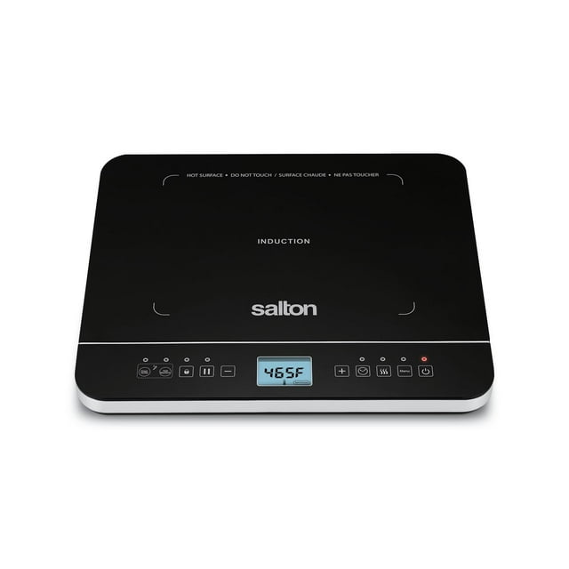 Salton black induction cooktop with temperature probe, digital display reading 465F, and touch control buttons for power, menu, and temperature adjustment.