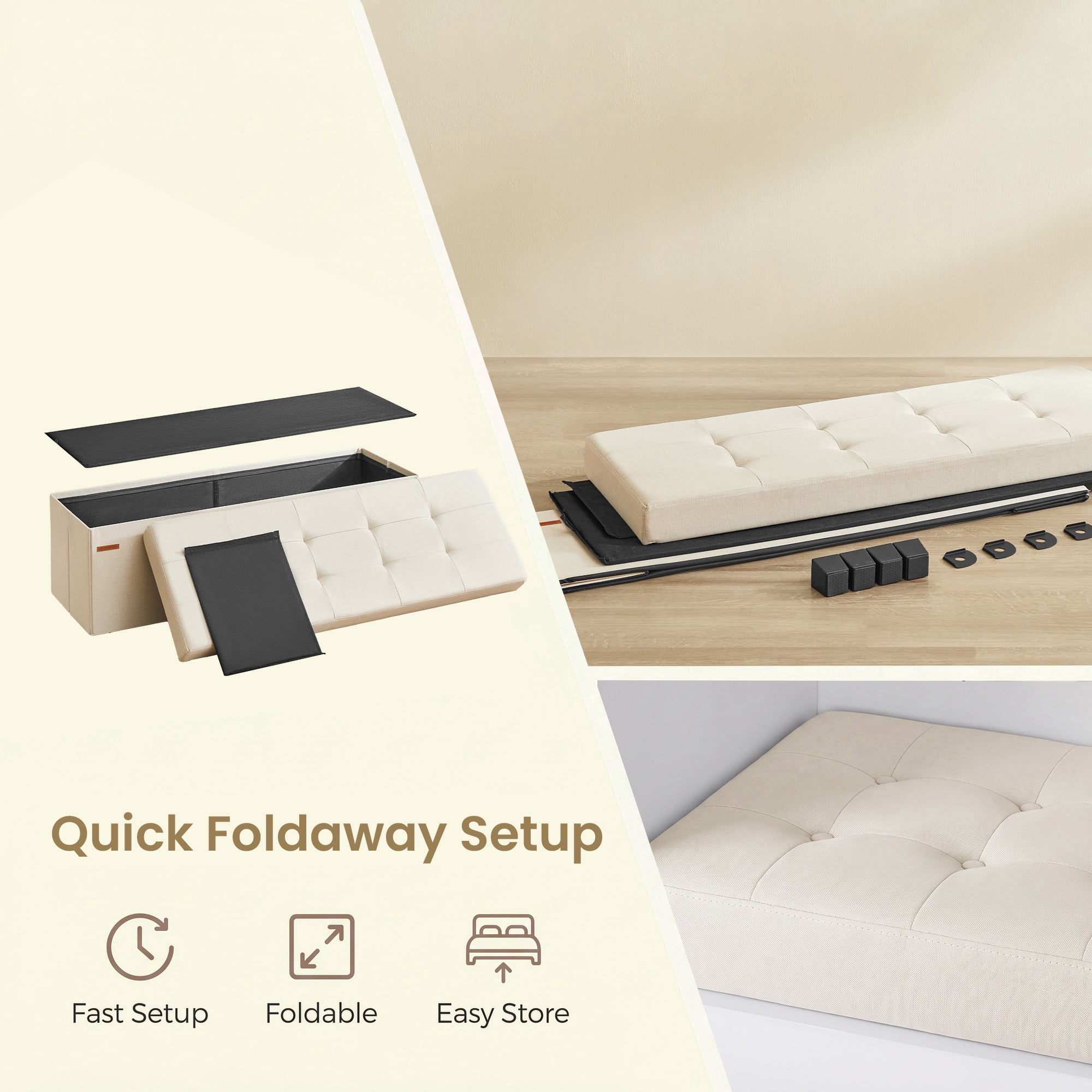Ledrem Luxury Folding Storage Ottoman Bench with Footrest, Cream White, 43" Large