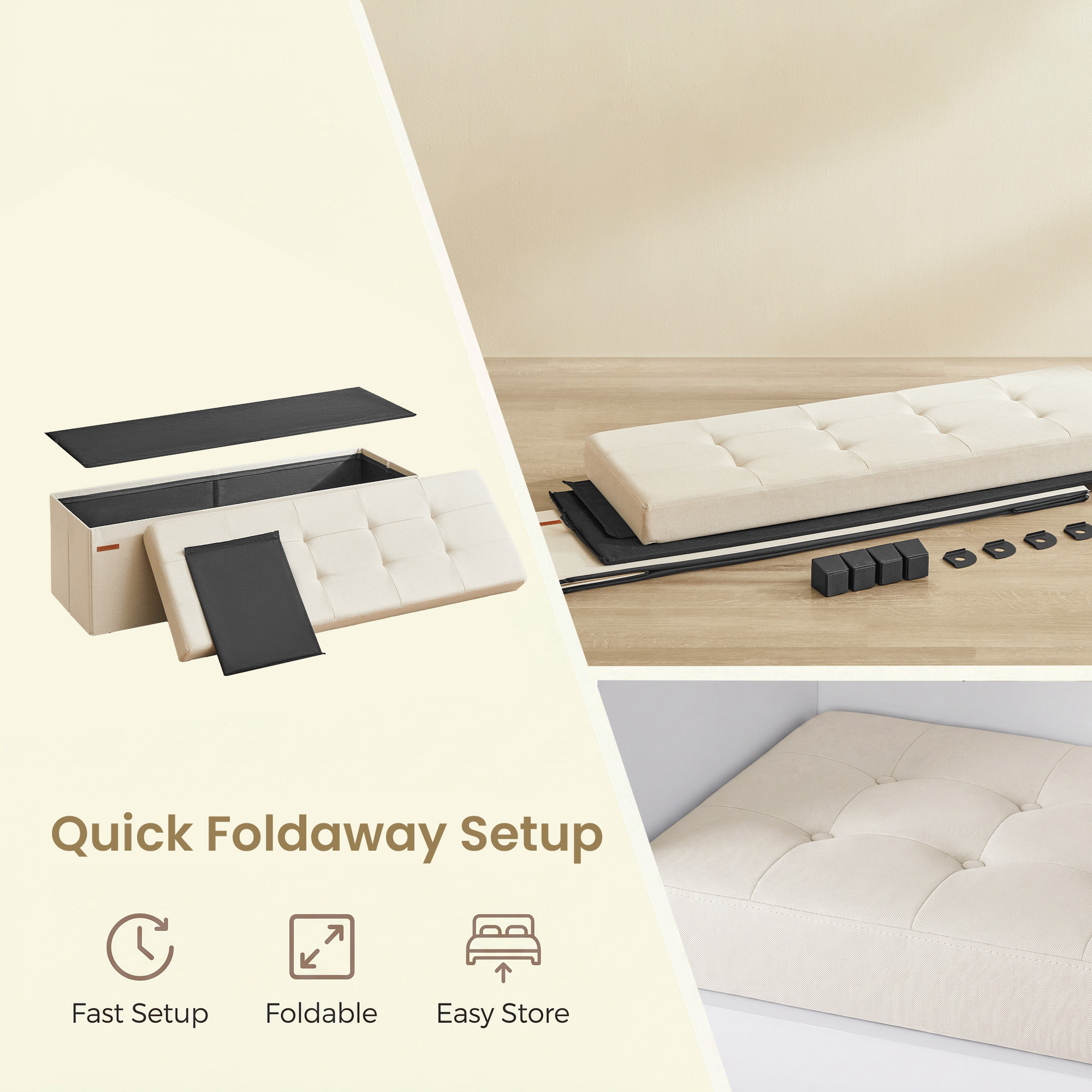 Ledrem Luxury Folding Storage Ottoman Bench, Cream White, 43 Inch photo 4