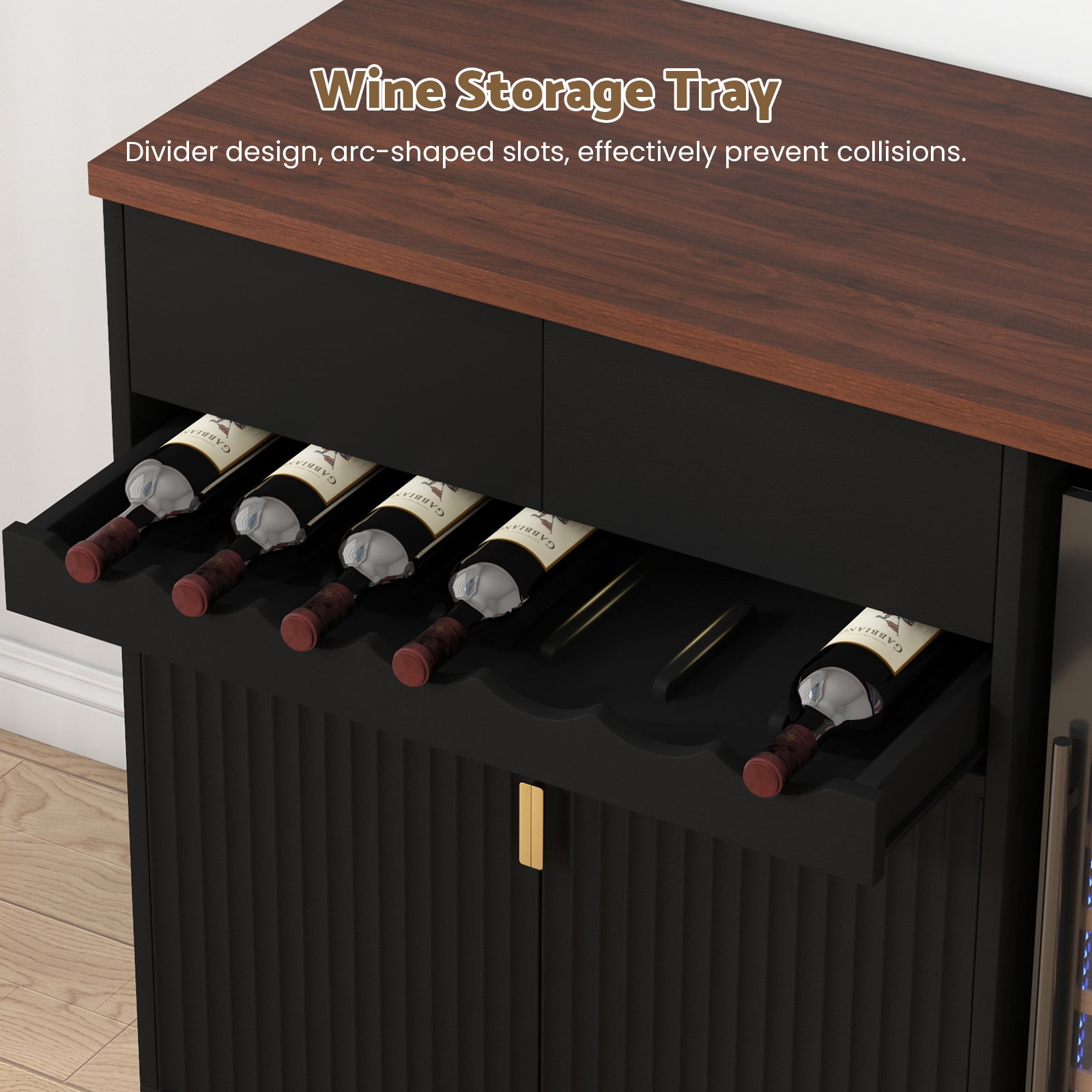 Advwin Wine Bar Cabinet with Mini Fridge Space & Power Outlet, Fluted Door Coffee Bar Cabinet with Sliding Wine Rack, Modern Buffet Sideboard for Kitchen, Dining Room & Home Bar, Black+Walnut