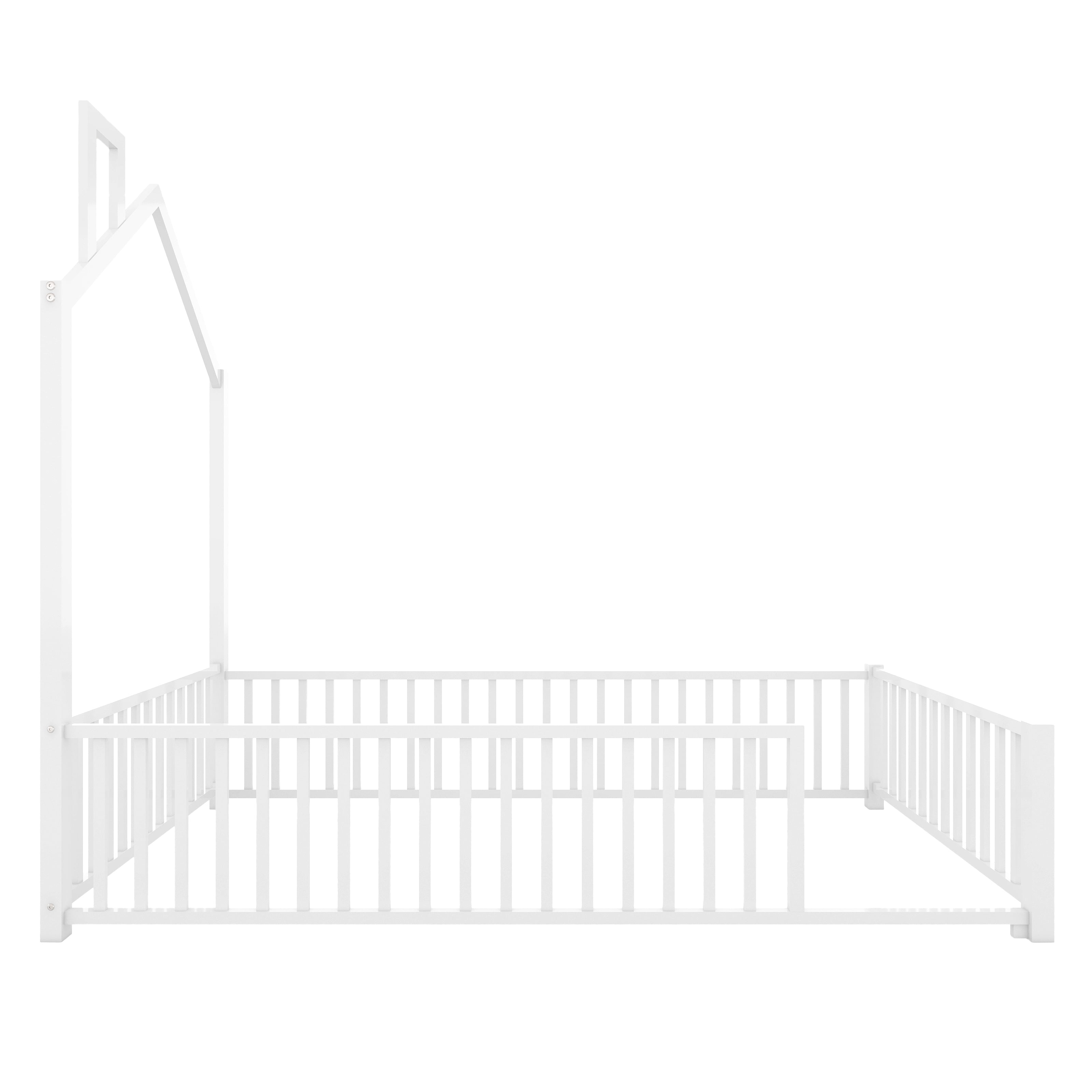 DreamBuck Metal House Floor Bed with Fence Guardrail and Chimney, Twin Floor Bed fors, No Weight Capacity Limit, Heavy Duty Floor Bed Frame for Bedroom, Easy Assembly, White
