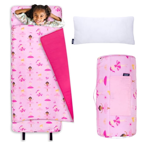 Wildkin Original Nap Mat with Pillow for Boys and Girls, Features Hook and Loop Fastener, Roll-Up Design, Soft Cotton Blend Materials (Ballerina Pink)