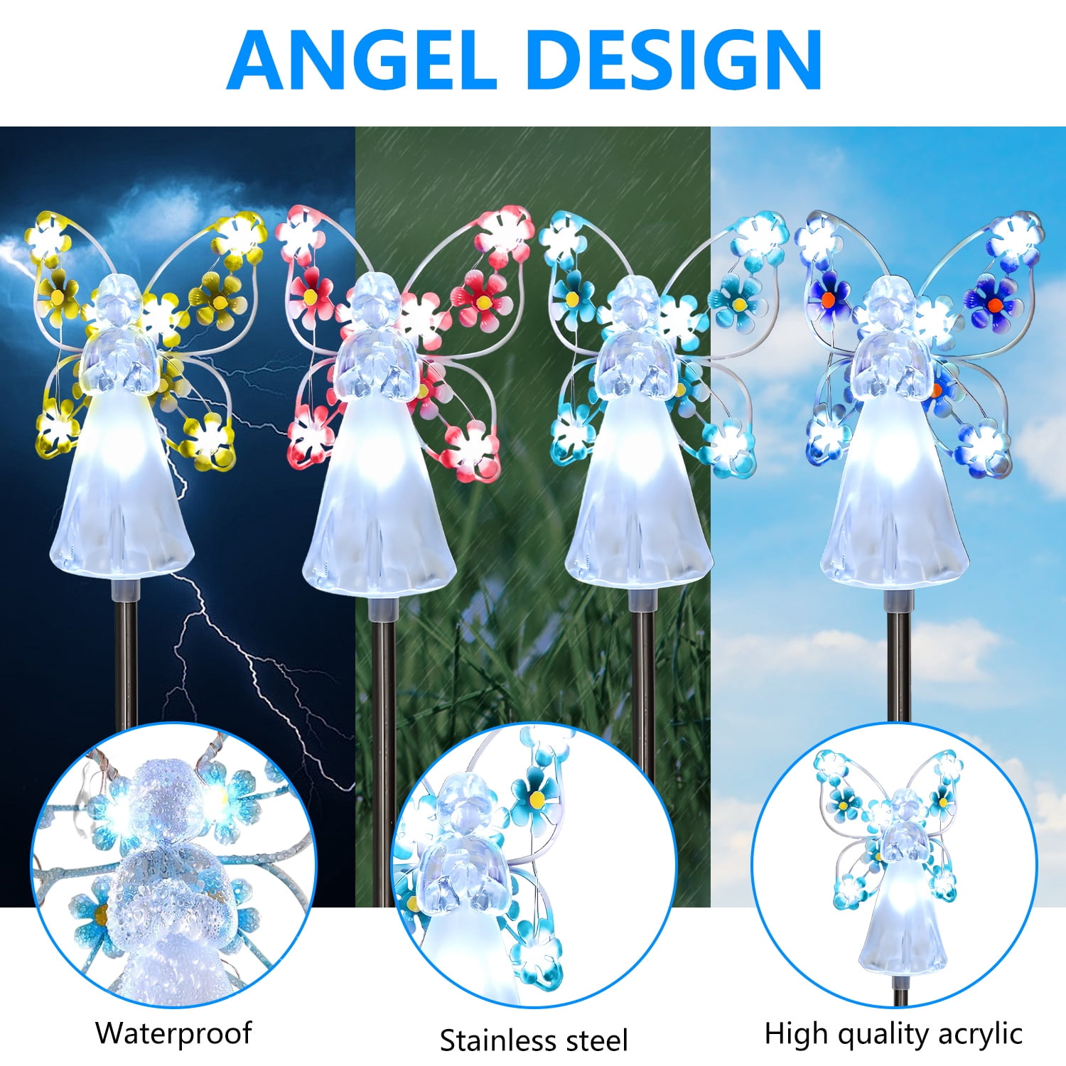 4 Pack Solar Angel Lights, LED Solar Garden Stake Lights, Multicolor Outdoor Solar Lights, Cemetery Decoration for Christmas Yard Sympathy Gifts