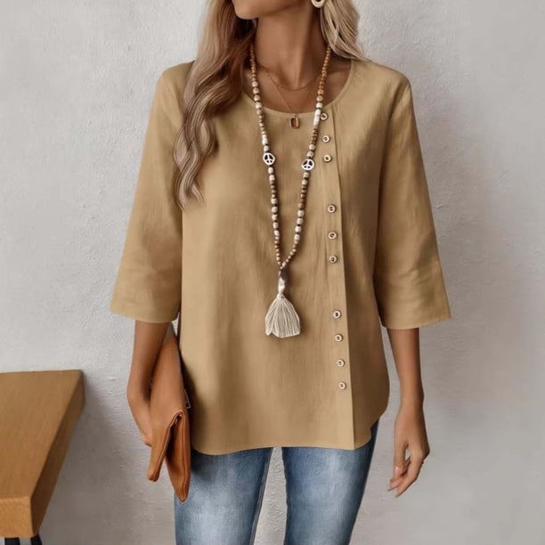 TaTaai Women's Solid Color 3/4 Sleeve Blouses Buttoned Round Neck Casual Fashionable Top Gift