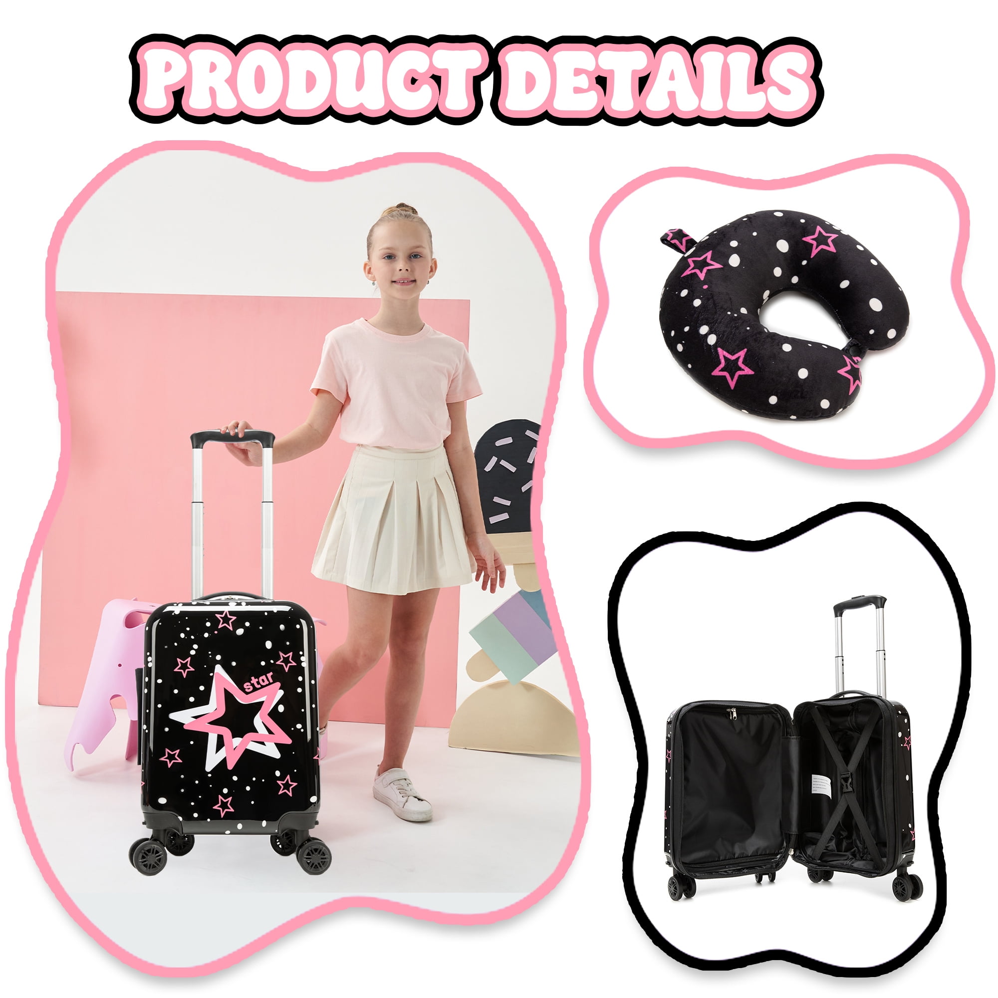 Kids Carry on Luggage Sets 2 Piece for Girls Women Rolling Suitcases with Wheels Hardshell Suitcase with Neck Pillow Airplane