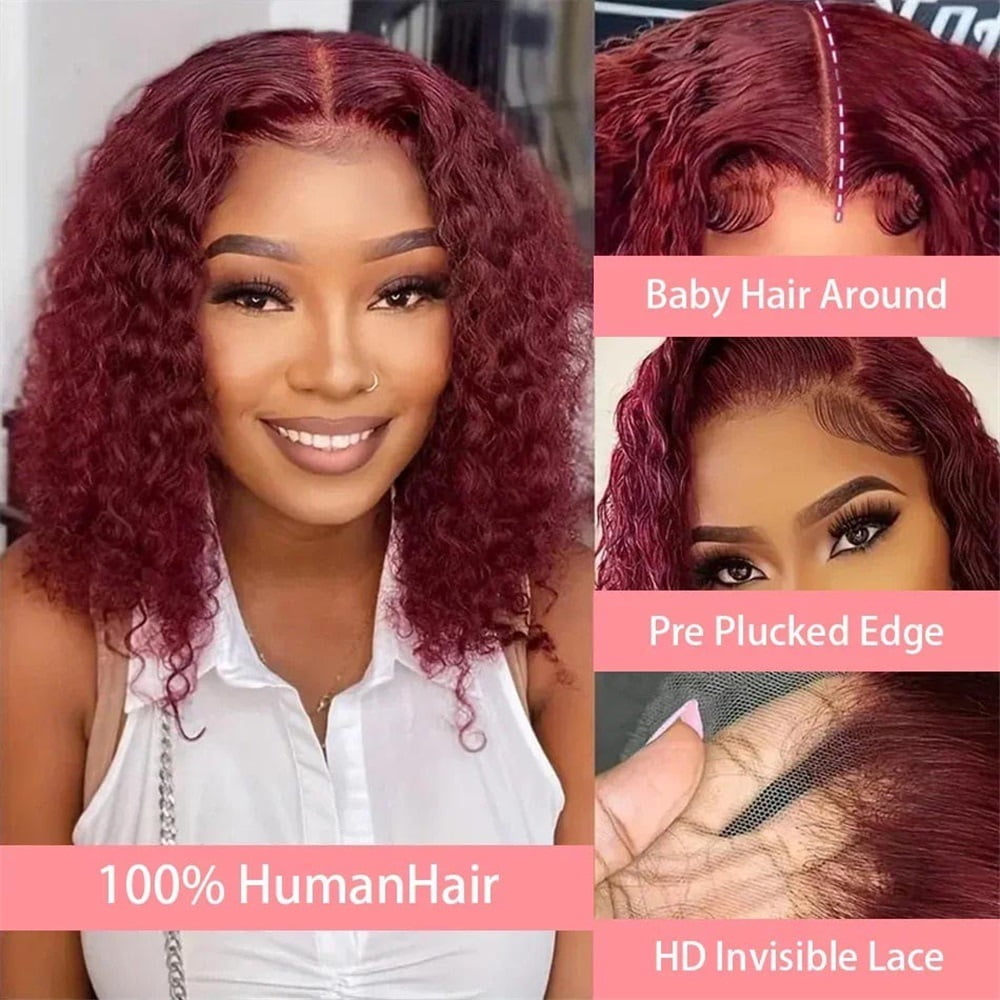 99J Burgundy Short Wigs Human Hair 180 Density 4x4 Transparent Lace Front Wig