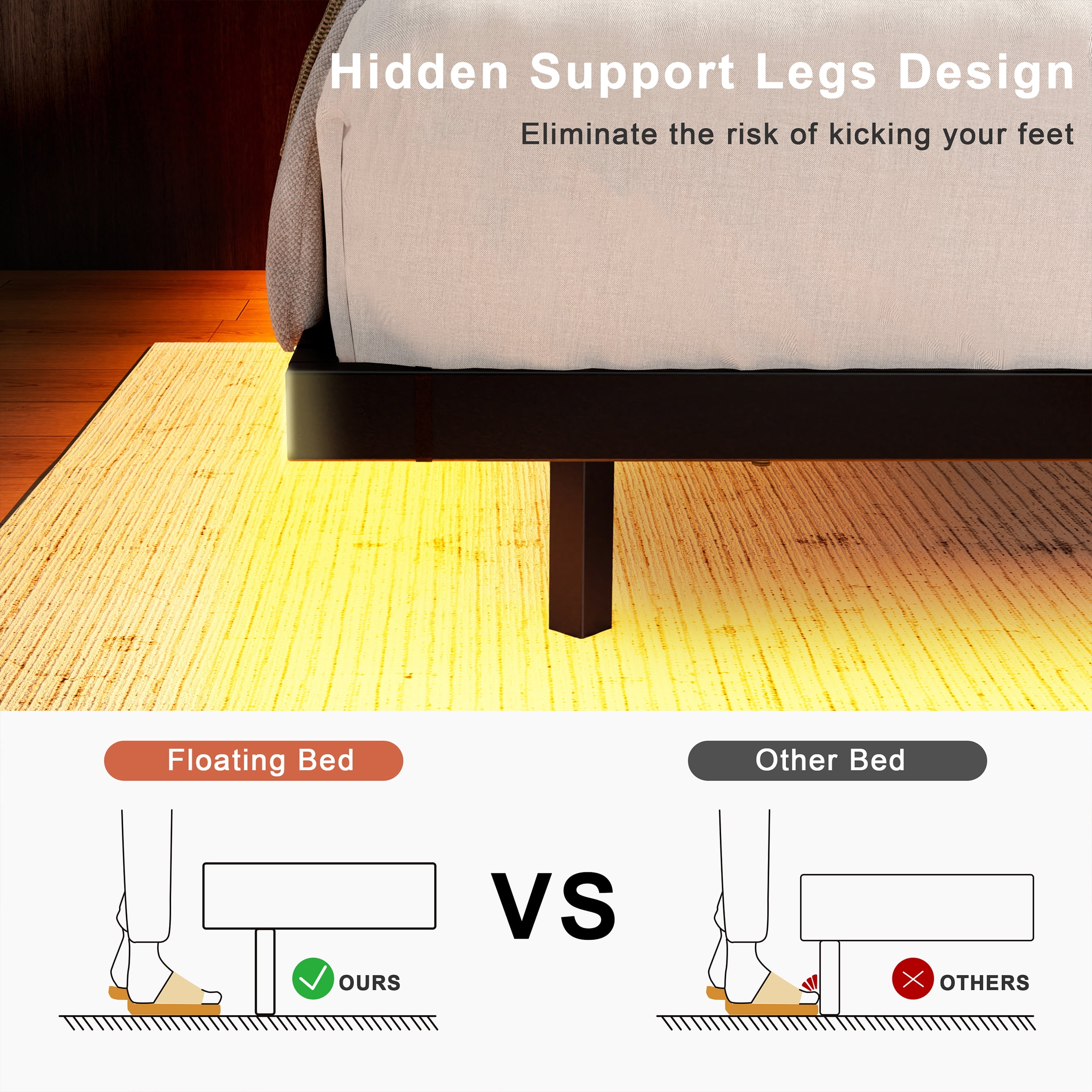 KOUSEI Floating Bed Frame Queen Size Metal Platform Bed with LED Lights & Charging Station Modern Bed No Box Spring Required，Black