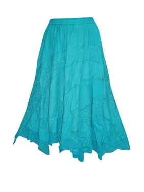 Mogul Womens Long Skirt Blue Embroidered Peasant Maxi Skirts