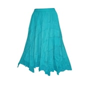 Mogul Womens Long Skirt Blue Embroidered Peasant Maxi Skirts