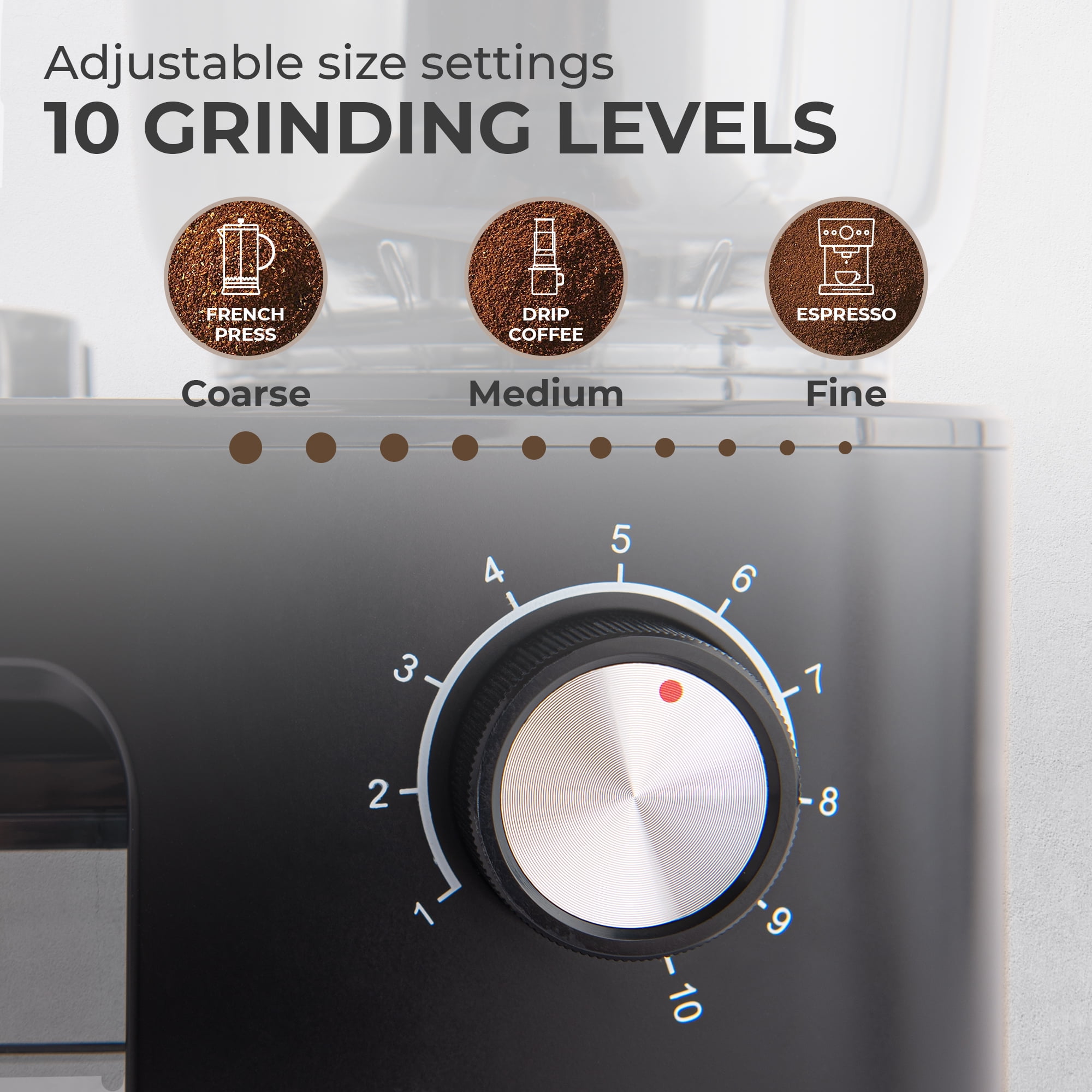 Kaffe Electric Burr Coffee Grinder (8oz) – Adjustable Coarseness & Timer – Flat Burr Grinder for Precision Brewing – Automatic On/Off – Black