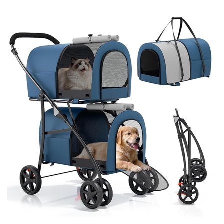 Double Dog Stroller with 2 Detachable Bags, 4-Wheel Folding Pet Travel Strolling Cart with Storage Pocket for Small-Medium Dogs & Cats Puppy, Navy Blue