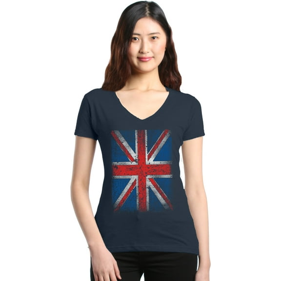 Shop4Ever Women's Union Jack British Flag UK Slim Fit V-Neck T-Shirt Large Charcoal