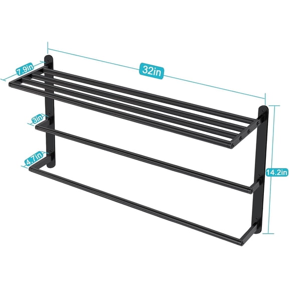 Matte Black 32 Inch Towel Racks for Bathroom, Black Towel Shelf with Double Towel Bar, 3 Tier Stainless Steel Towel Storage, Bath Towel Holder Wall Mounted