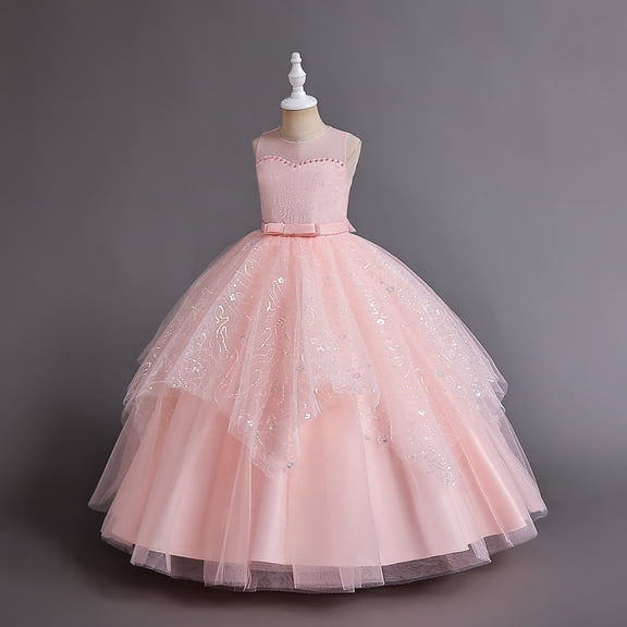 Girls Dresses Sleeveless Round Neck Formal Party Dress For Kids Embroidered Flower Girl Bridesmaid Birthday Prom Pageant Maxi Size 6-7Y