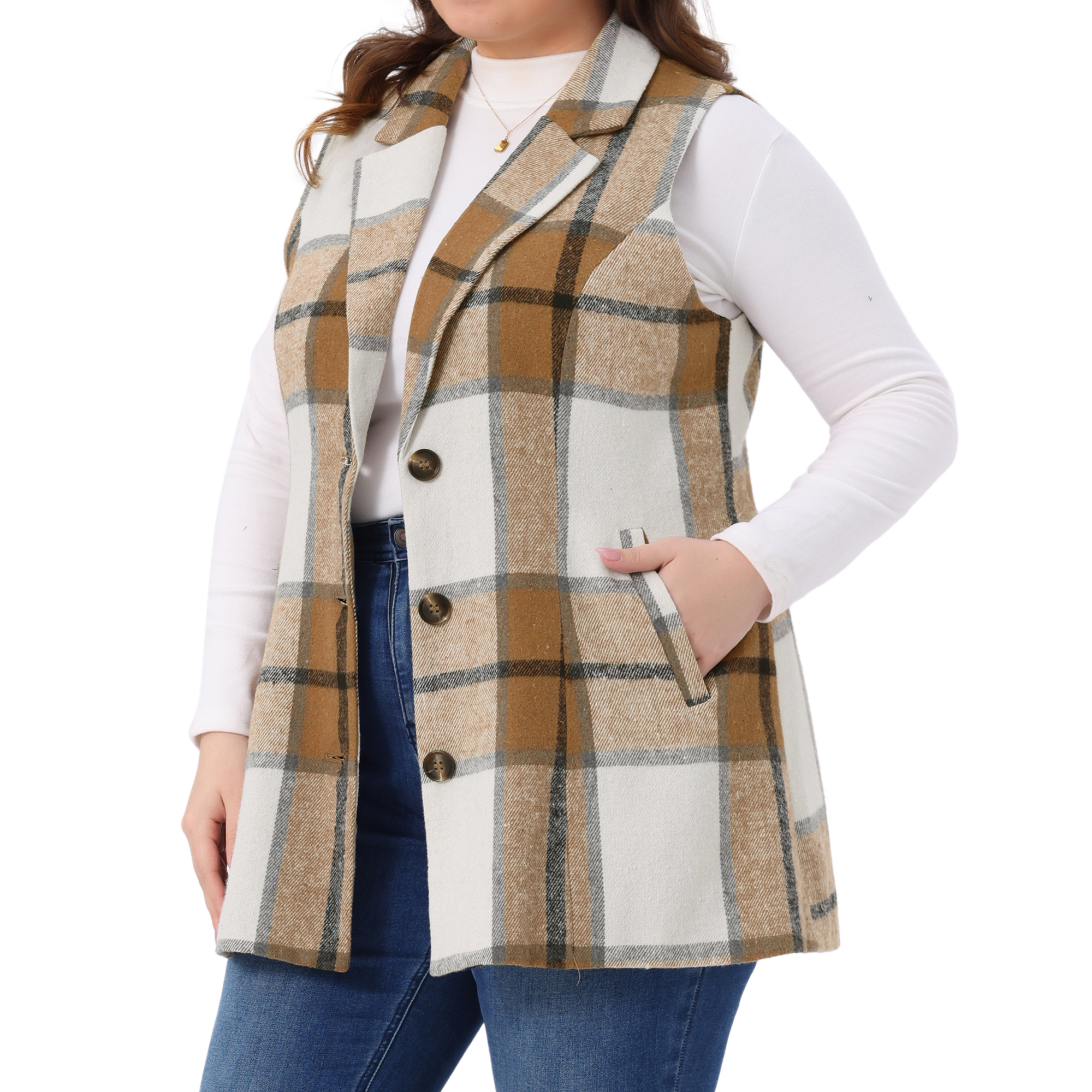 DARING DIVA Women's Plus Size Plaid Curvy Notched Lapel Vest 2X Brown