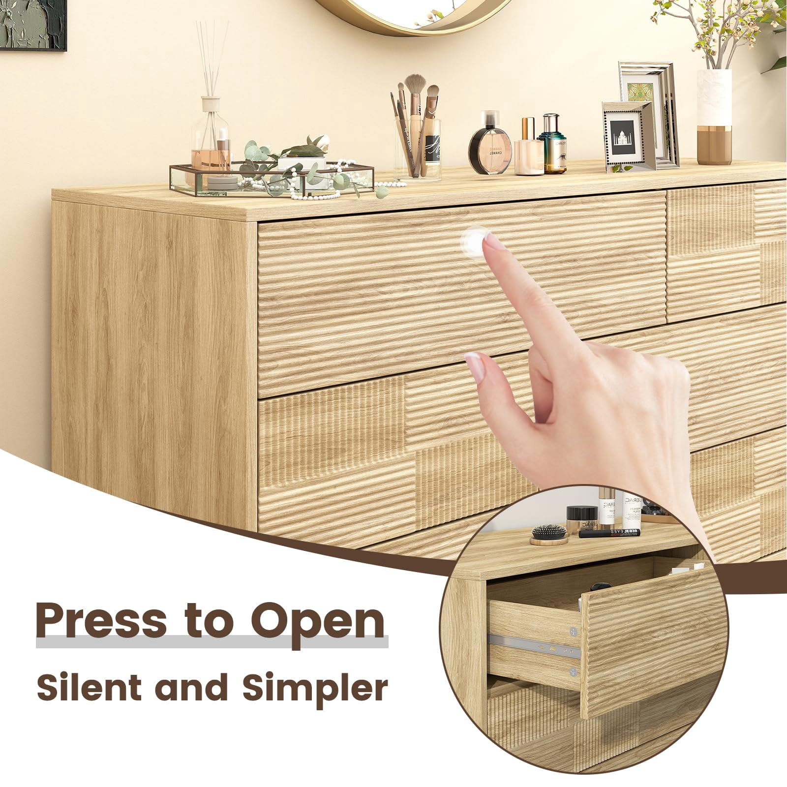 Danpinera Home 6-Drawer Dresser for Bedroom, 47” Modern Handleless Chest of Drawers, Fluted Wooden Storage Cabinet & TV Stand for Closet, Hallway, or Living Room, Natural Oak
