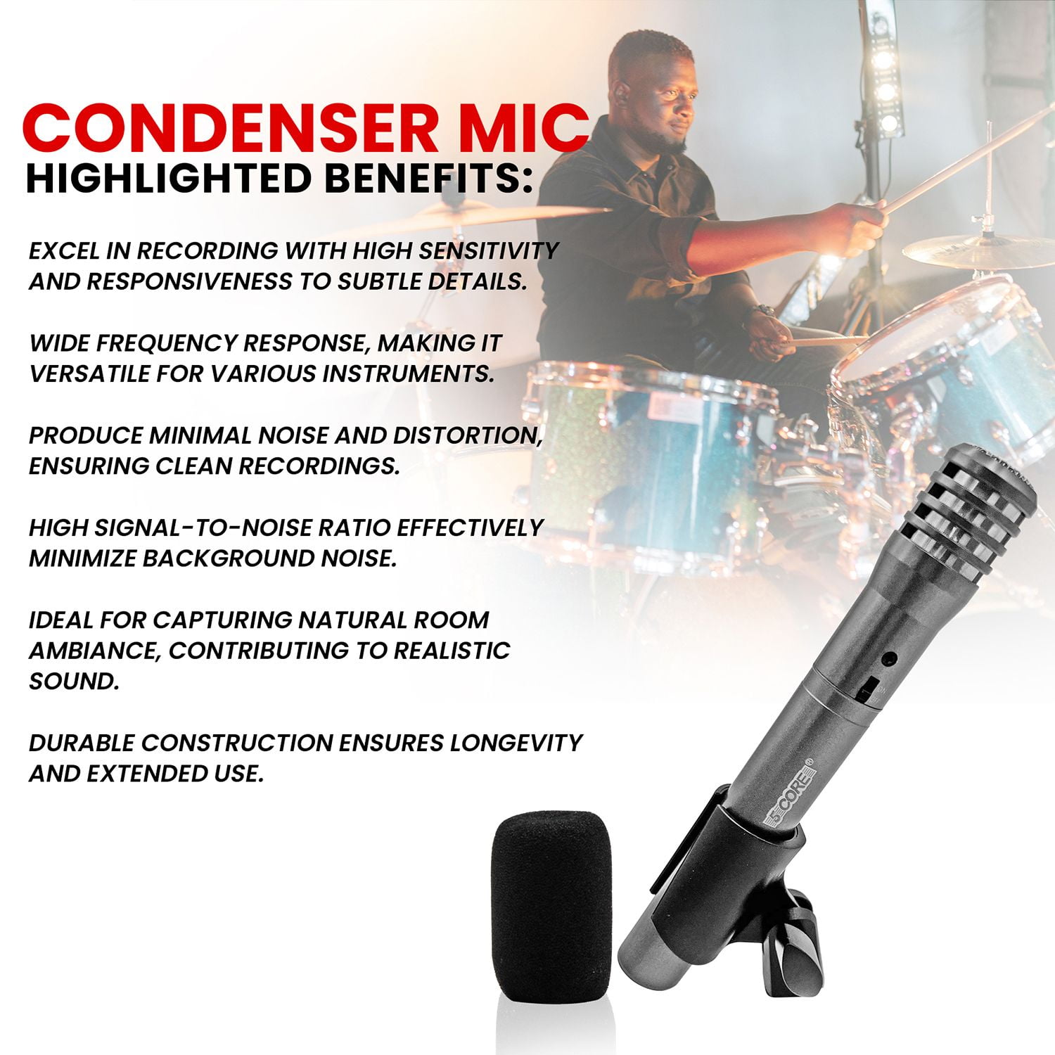 Professional Instrument Microphone Pencil Mic Condenser Cardioid Unidirectional Stick Microfono with Windscreen Mic Clip & Case ,GREY