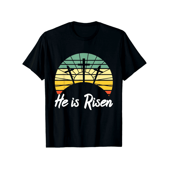 Inspirational He Is Risen Easter T-Shirt, Christian Faith Religious Cross Sunset Apparel, Spiritual Jesus Resurrection Gift Tee for Men Women