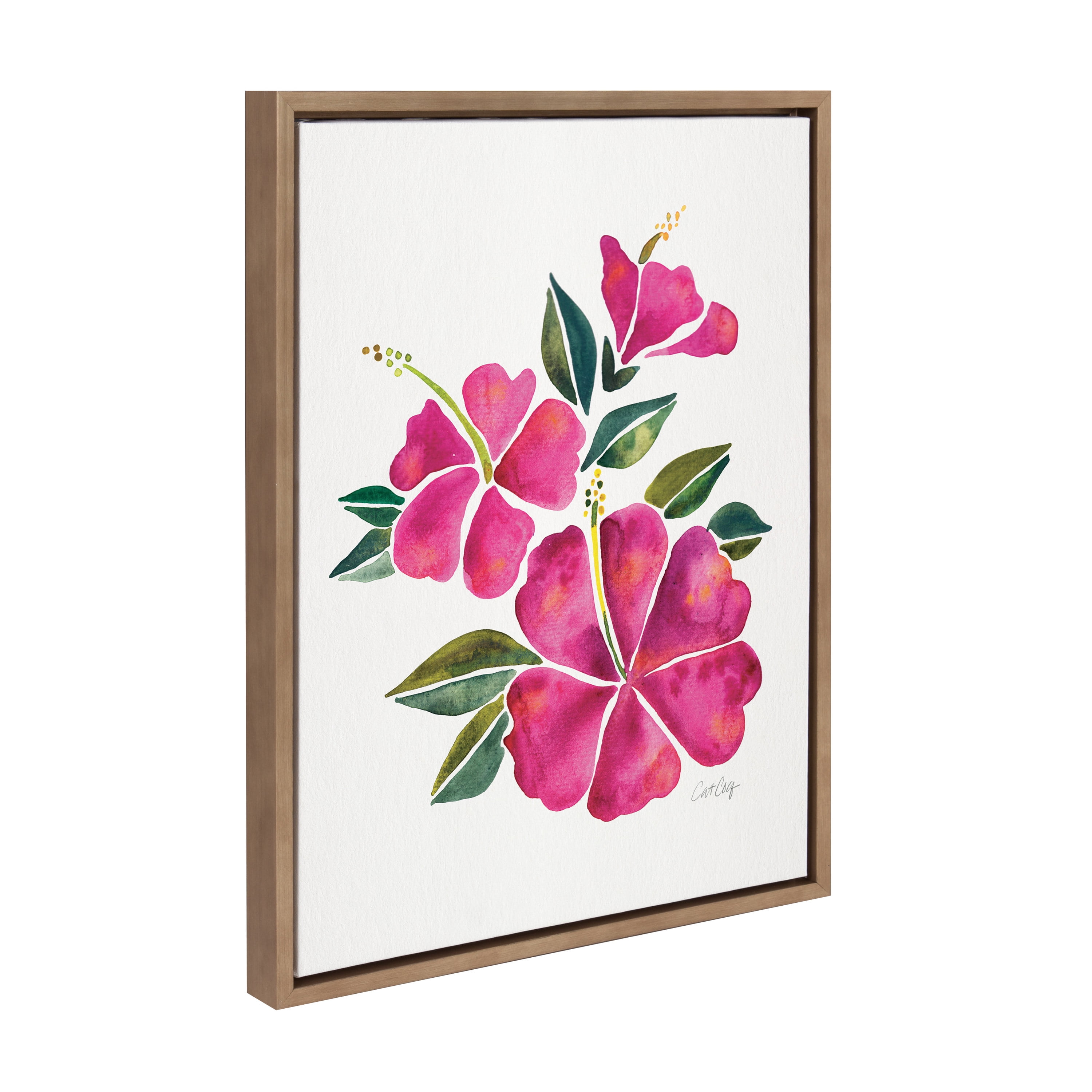 Kate and Laurel Sylvie Hibiscus Bloom Fuchsia Framed Canvas Wall Art by Cat Coquillette 18x24 Gold Tropical Floral Art for Wall