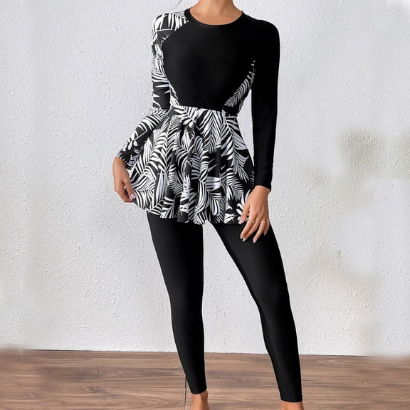 Warop Women's 2 Piece Printed Surf Suit,Long Sleeve Long Pants Tight Conservative Diving Swimwear