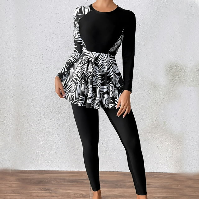 Trajes de baño tankini para mujer Traje de surf para mujer Conjunto de traje de baño ajustado y conservador con estampado digital de manga larga y pantalón largo