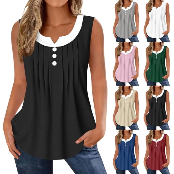 TAGOLD Womens Round-Neck Tank Top Ruched Button Panel V Neck 2 In 1 Sleeveless Top