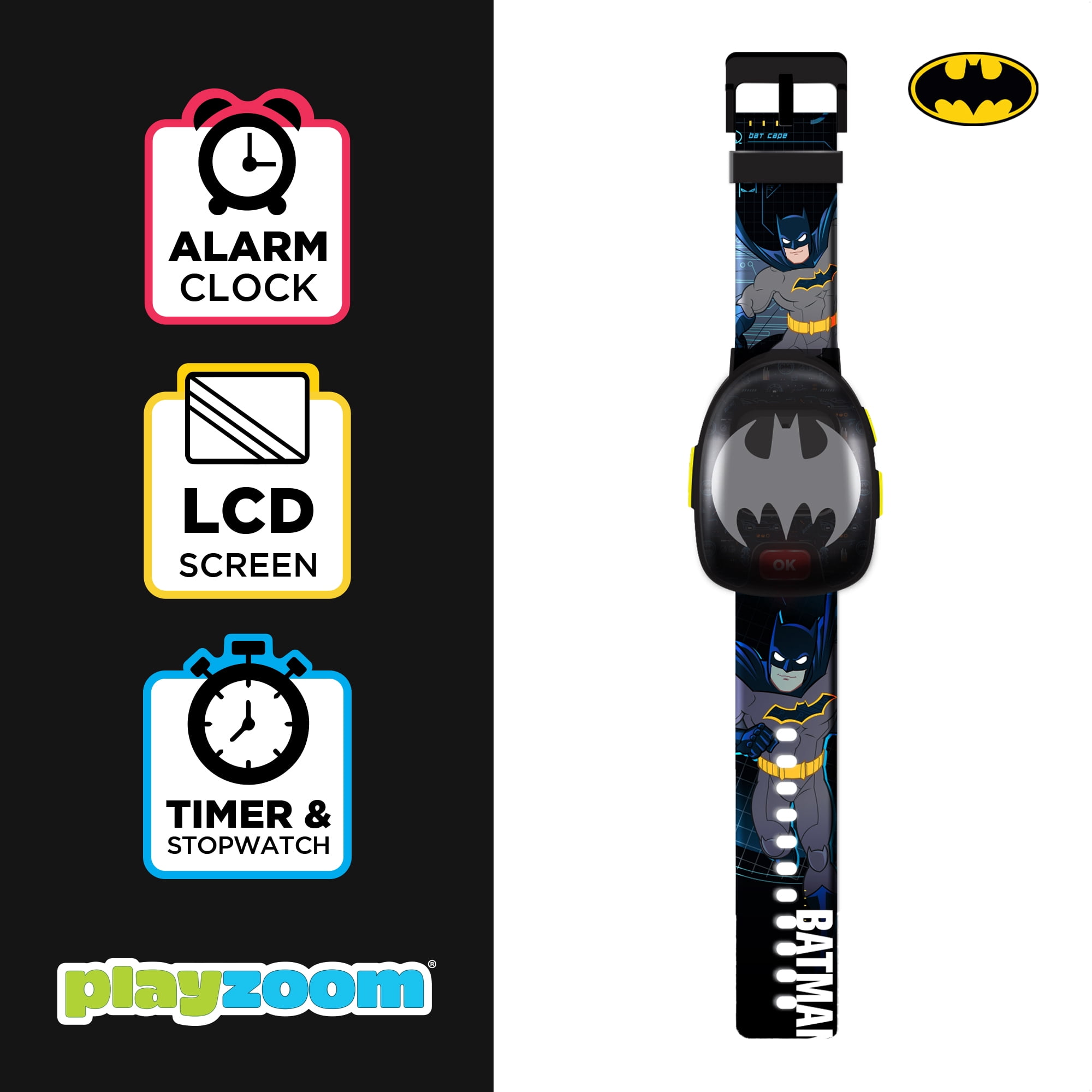 PlayZoom DC Comics Batman Kids Smartwatch with Games, Black Silicone Band