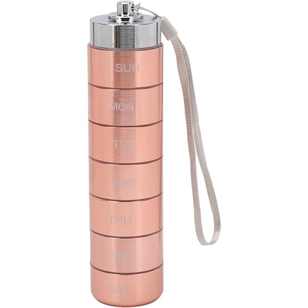 Organizr de Pastillas de Metal, Organizr de Medicinas de Viaje Semanal de Metal Apilable, Caja de Tabletas de Aleación de Aluminio Impermeable Portátil con Cordón de Oro Rosa
