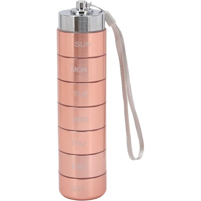 Organizr de Pastillas de Metal, Organizr de Medicinas de Viaje Semanal de Metal Apilable, Caja de Tabletas de Aleación de Aluminio Impermeable Portátil con Cordón de Oro Rosa