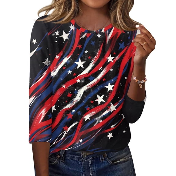 250th Anniversary USA Shirts for Women Plus Size 3/4 Sleeve T-Shirts Loose USA Flag Print Tops 4th of July Celebration Party Pullover Independence Day Patriotic Crew Neck 1776-2026 Blouses Black S