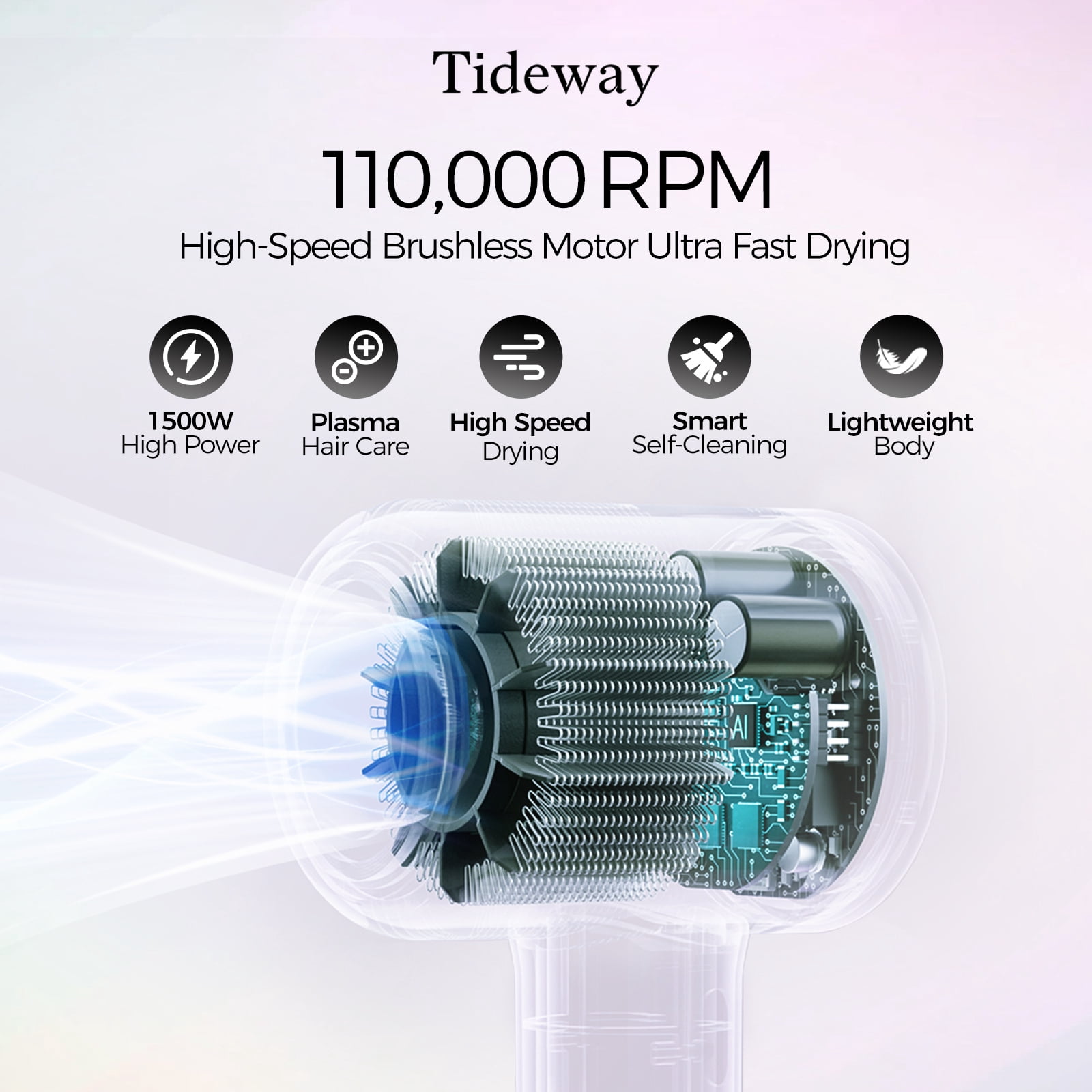 Tideway H11 Hair Dryer with Diffuser, High-Speed 110,000 RPM Brushless Motor, Plasma Tech, Smart Temp Control, Lightweight, Black