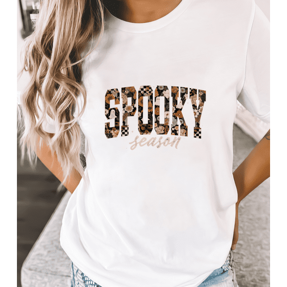 Women's cotton White T-Shirt Floral Patchwork "Spooky Season" Typography Halloween Design Casual Tees S-5XL
