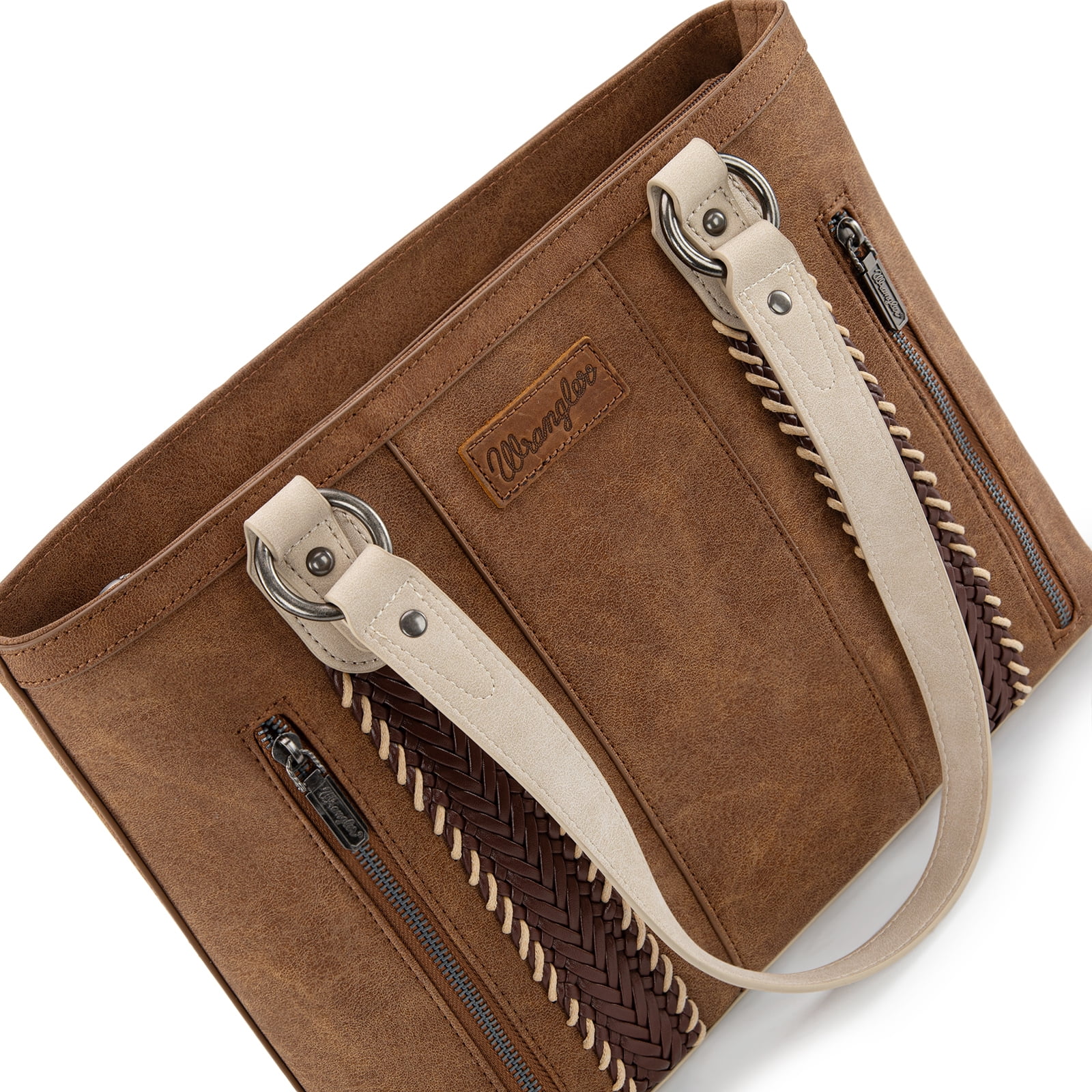 Wrangler Distressed Tote Bag for Women Western Purse Multi Pockets Handbags and Shoulder Bag, Brown