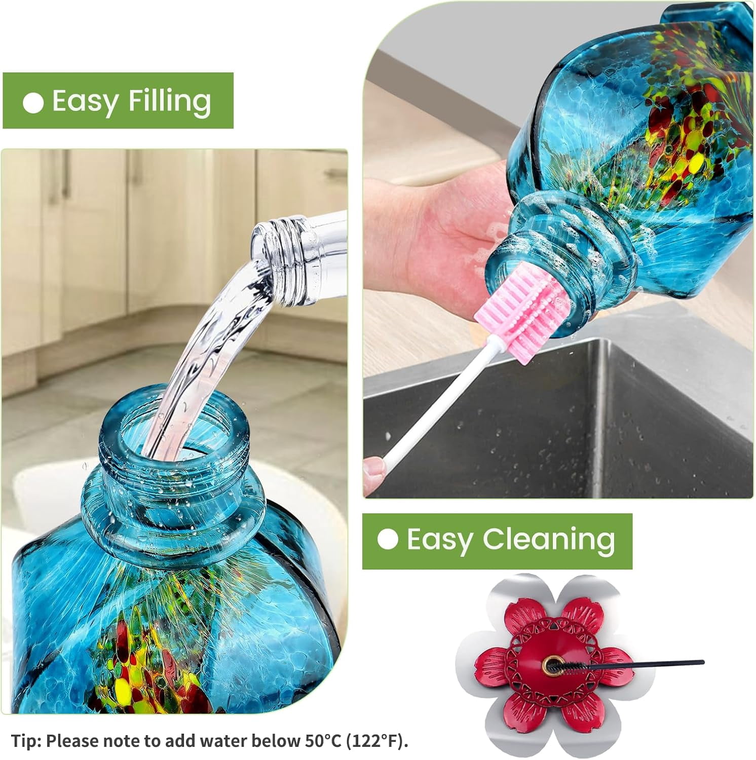Hummingbird Feeder, Hand Blown Glass Hummingbird Feeders for Outdoors Hanging with Ant Moat, 5 Bee-Proof Ports, Leak-Proof, 360° Perch, 22oz, Blue, Gifts for Women Men, Gifts for Mom Dad
