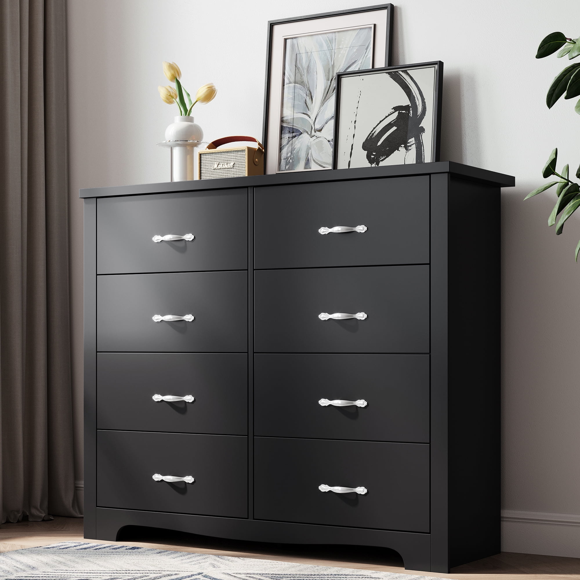 Linsy Home 8 Drawer Black Double Dresser, Wood Storage Cabinet with ...