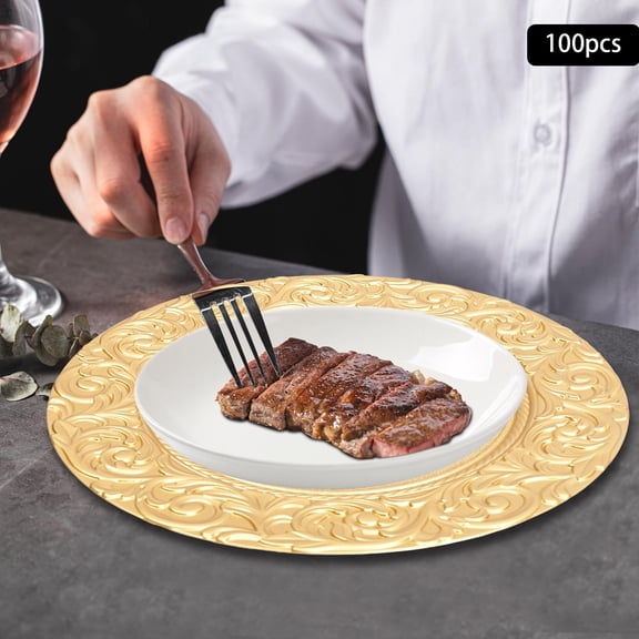 100 Pcs Gold Round Charger Plates Bulk, 13 Inch Antique Charger Plate Set Plastic Embossed Dinner Plate Reusable Plates for Table Setting Wedding Party (Gold)