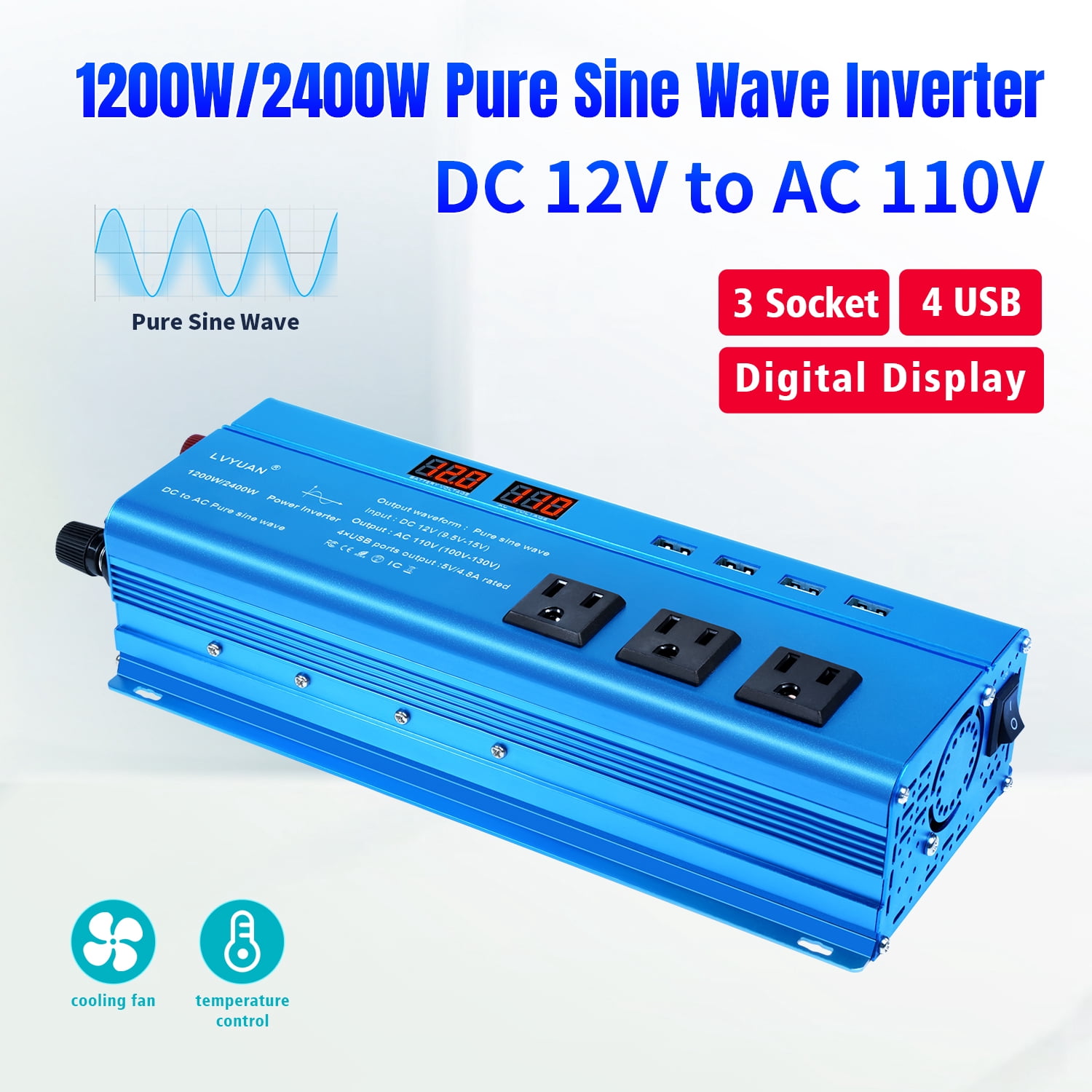 LVYUAN 1200W 2400W Peak Pure Sine Wave Power Inverter 12V to 110V DC to AC Converter with LED Display, 3 US Outlets, 4 USB, Ideal for Vehicles, RVs, Outdoor & Home Use