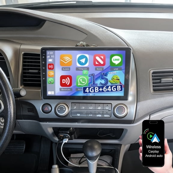 Geabo 4G 64G Android 15 Car Stereo Radio for Honda Civic 2006-2011 with Wireless Carplay Android Auto, 9 Inch Touchscreen GPS WiFi Bluetooth EQ Mirror Link FM/RDS Backup Camera