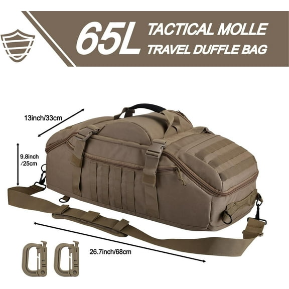 Travel Gym Duffle Bag Tactical, Gear Backpack for Men Women, Large Duffle Hand Bag for Travel, 3 in 1 Shoulder Backpack for Sports Hiking Camping, Water Resistant & Easy Clean (Khaki, 65L)