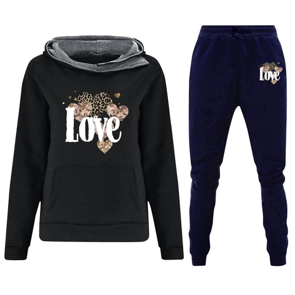 Hueook Valentine's Day Womens 2 Piece Outfits Women's Round Neck Hooded Long Sleeved Printed Sweater and Pants Two-Piece Set Black 2X