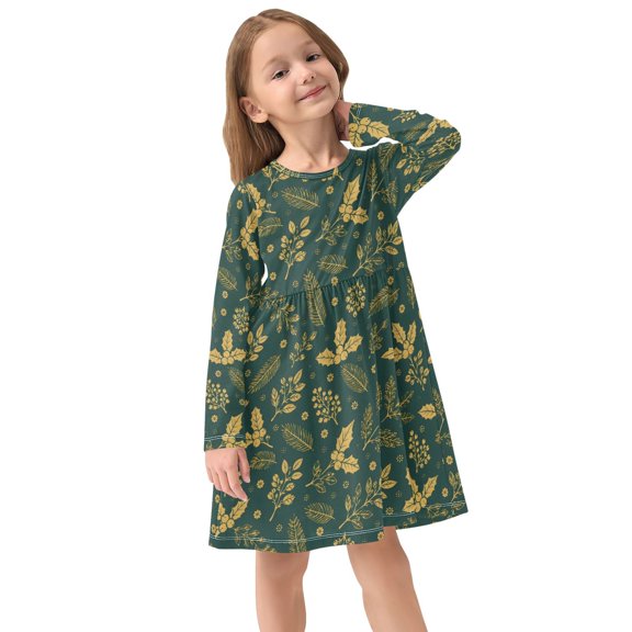 Girls Dress Soft Casual Long Sleeve Cute Dress for Girls Fashion Prints Green Red Fruit Crew Neck