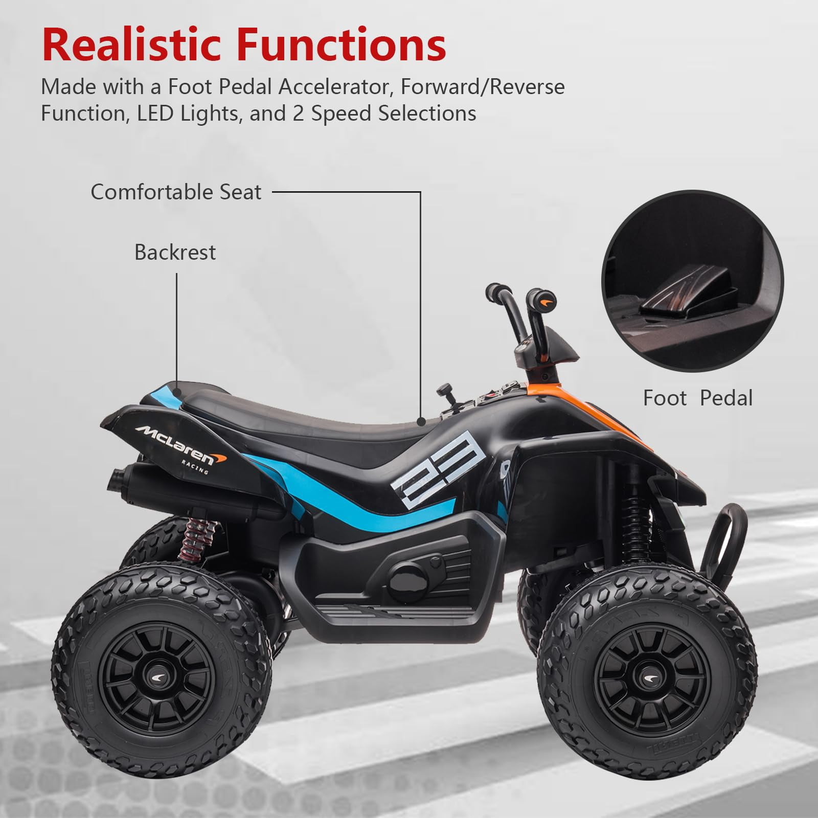 24V Battery Powered, 4-Wheeler Quad Car Toy ATV for 3-8yrs, Electric Off-Road Car with 2 Speeds, LED Lights, Bluetooth, MP3