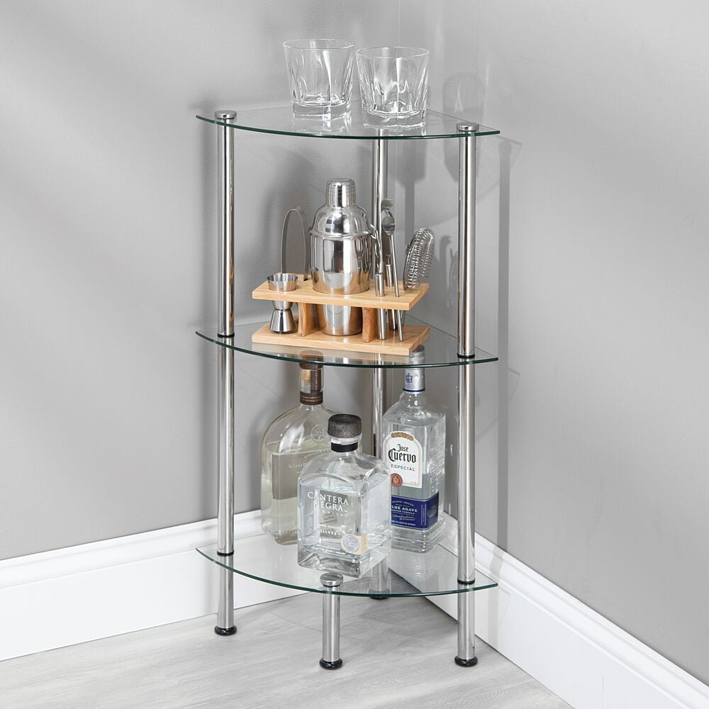 mDesign Metal/Glass 3-Tier Storage Tower with Open Glass Shelves - Chrome/ Clear