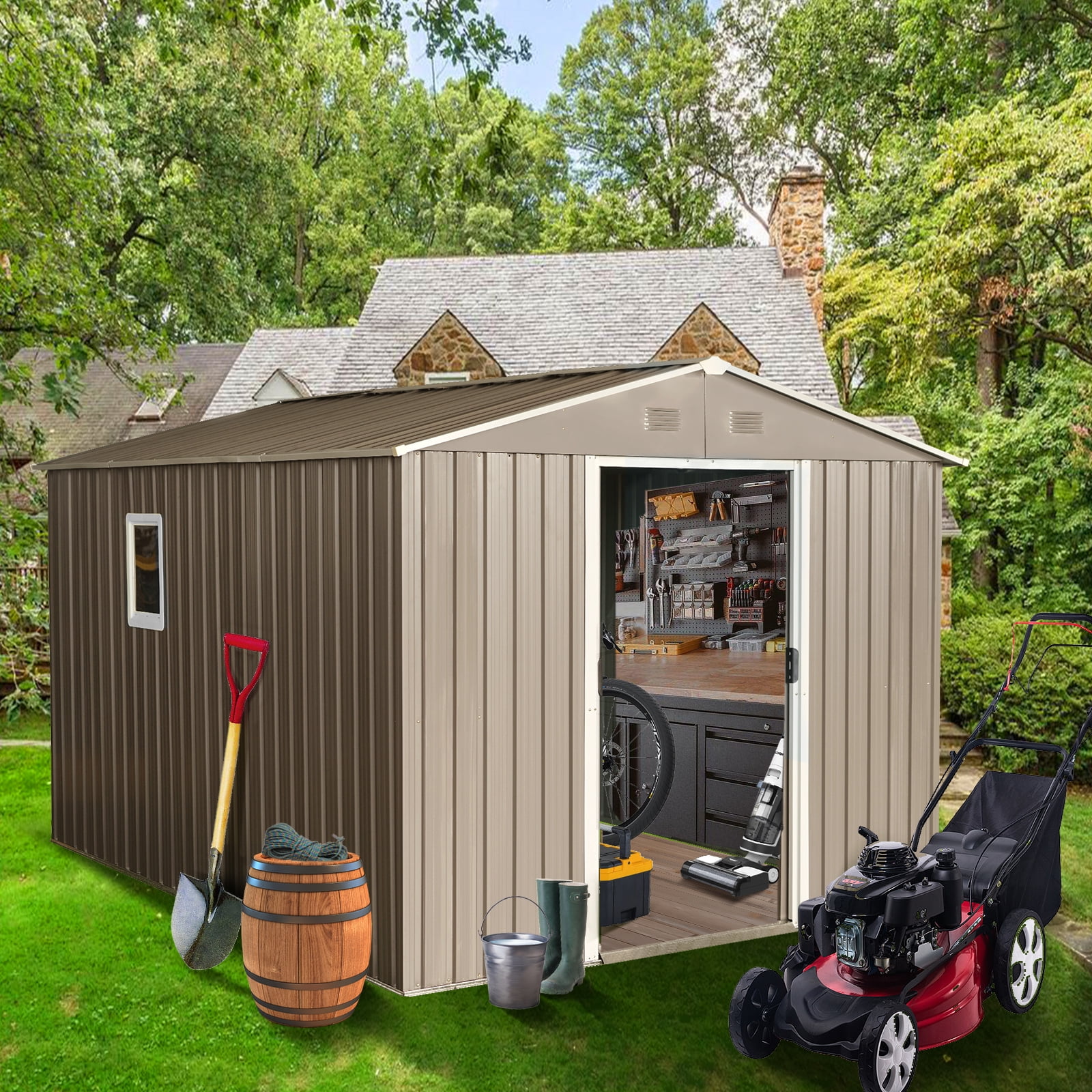IMagacFun 8x10 Metal Outdoor Storage Shed with Floor Base and Window & Lockable Sliding Doors for Garden Backyard Patio Lawn Gray